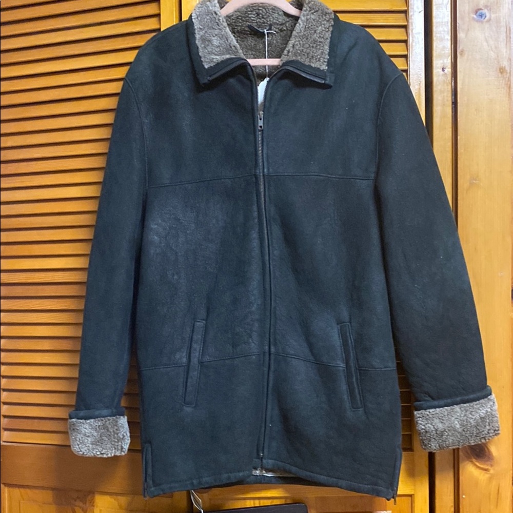 Men's Black Shearling Jacket brand new nice collar long sleeve